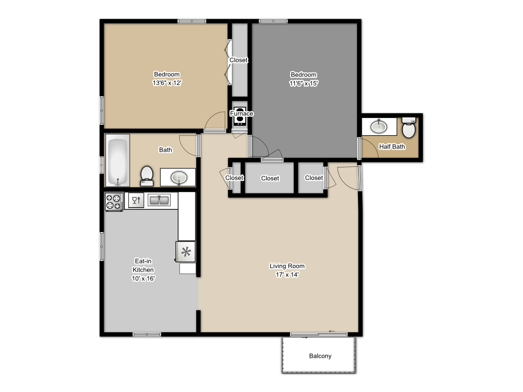 Floor plan for 2 beds, 1.5 baths, 1061 sqft